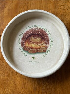 Vintage Russ Berrie Irish Blessing Baking Dish, Cream with Basketweave Texture